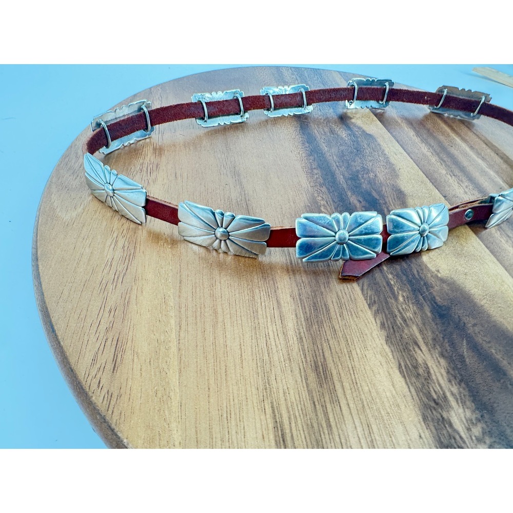 Concho Belt Women OS Brown Silver Western Sunburst Leather Boho Cowgirl - Picture 6 of 12